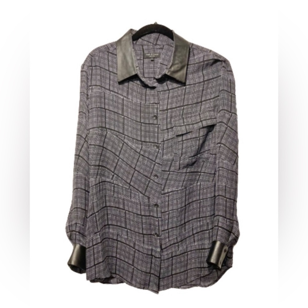 Rag & Bone Silk Leather Trim Plaid Black Tunic Top